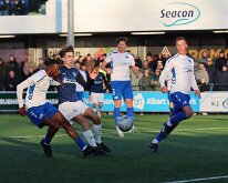 HL20251122012 URK, NETHERLANDS - NOVEMBER 22: Jent de Ridder (l) of Urk, Jasper Tuinman (m) of Genemuiden, Riekelt Nentjes (r) of Urk. Competition match betweensv SV Urk vs...