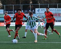 HL20260117018 NIJKERK, NETHERLANDS - JANUARY 17, 2026: Kiyjano Hugo (l) of Nikerk, Rens van Benthem (m) of Genemuiden, Janic Makizodila (r) of Nijkerk. Competition match...