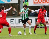 HL20260321019 GENEMUIDEN, NETHERLANDS - MARCH 21: Berwout Beiemers (l) of Genemuiden, Shanon Carmelia (r) of Hercules. Competition match between SC Genemuiden vs USV Hercules...