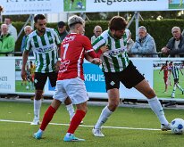 HL20261010022 GENEMUIDEN, NETHERLANDS - OKTOBER 10: Mitchell van Rooijen (l) of Genemuiden, Lars Huber (m) of DOVO, Berwout Beimers (r) of Genemuiden, Competition match...